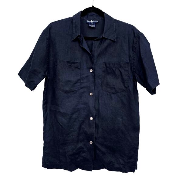 Ralph Lauren 100% Linen Button Down Shirt Navy 6 ResortWear Minimalist Preppy - Picture 1 of 5